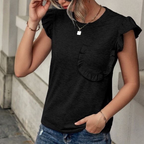 Boho Royal blue Pocket Ruffle Sleeve Casual Top - Picture 4 of 10